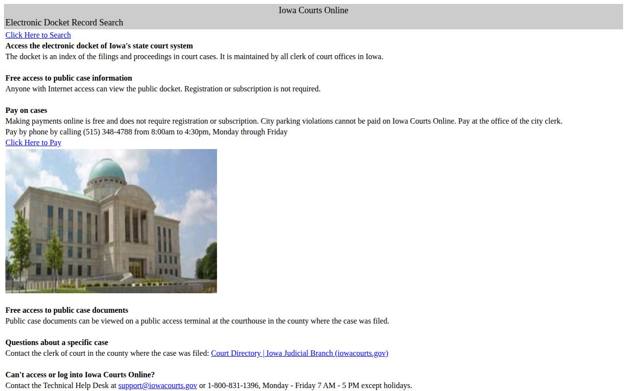 Iowa Courts Online free public case search for Kossuth County court disposition checks