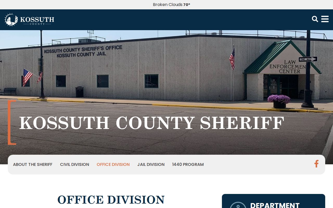 Kossuth County Office Division page with lobby and dispatch hours