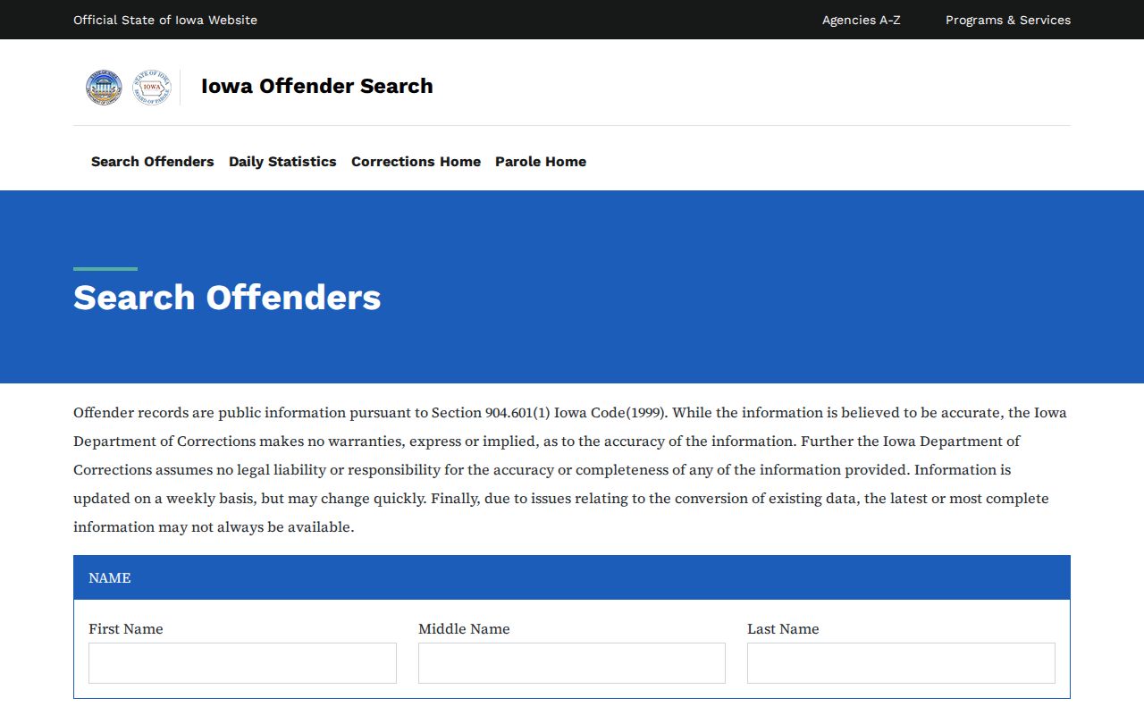Iowa Department of Corrections offender search fields used after state sentencing