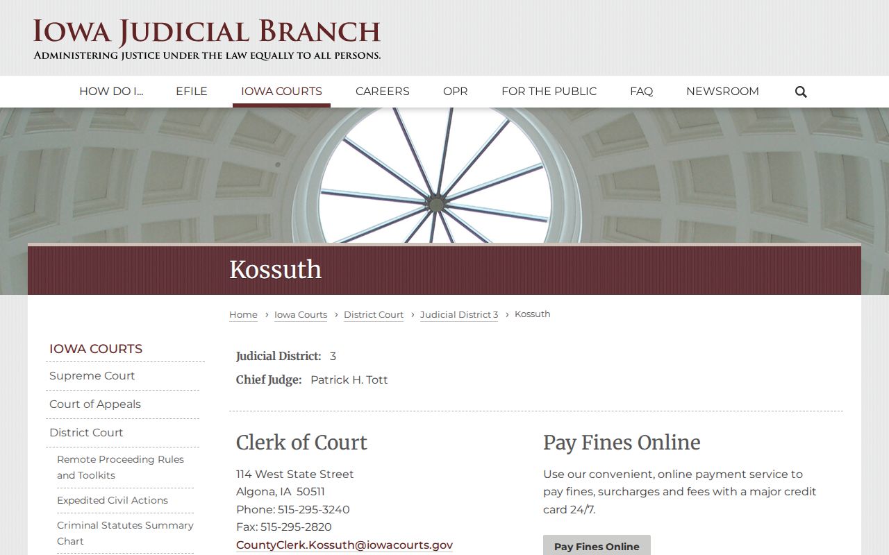 Official Iowa Judicial Branch page for Kossuth County clerk contact information