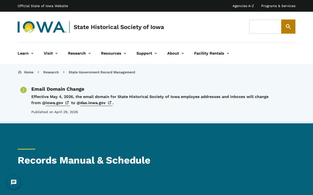 State Historical Society of Iowa records management and retention schedule page