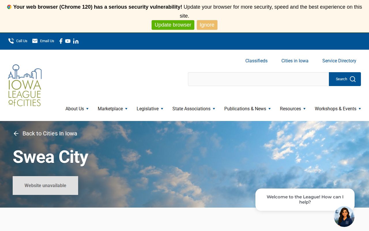 Iowa League Swea City profile showing municipal City Hall contact information