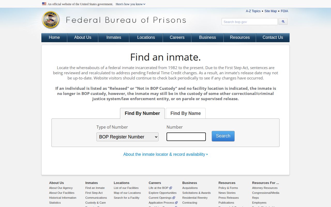 Federal Bureau of Prisons inmate locator showing federal custody search fields